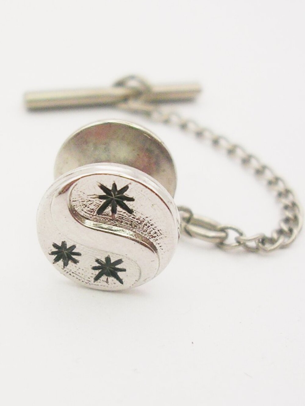 Vintage Tie Tack Pin with Chain silver tone Triple Starburst classic Men Jewelry